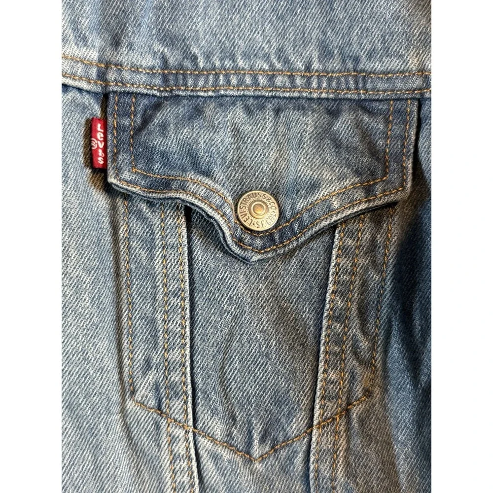 Levis Mens Hybrid Hoodie Trucker Jacket Medium Light Wash Blue Denim Grey Hood